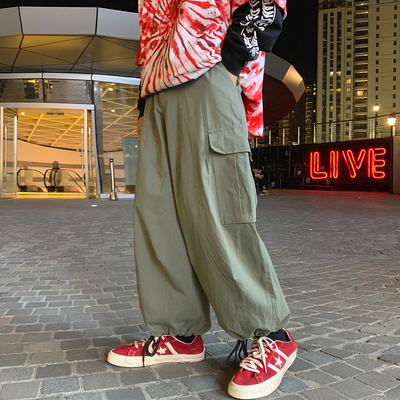 Leman Jin Jun quần lửng nhiều túi nam phiên bản Hàn Quốc của quần xu hướng quần ống rộng hip hop - Quần mỏng