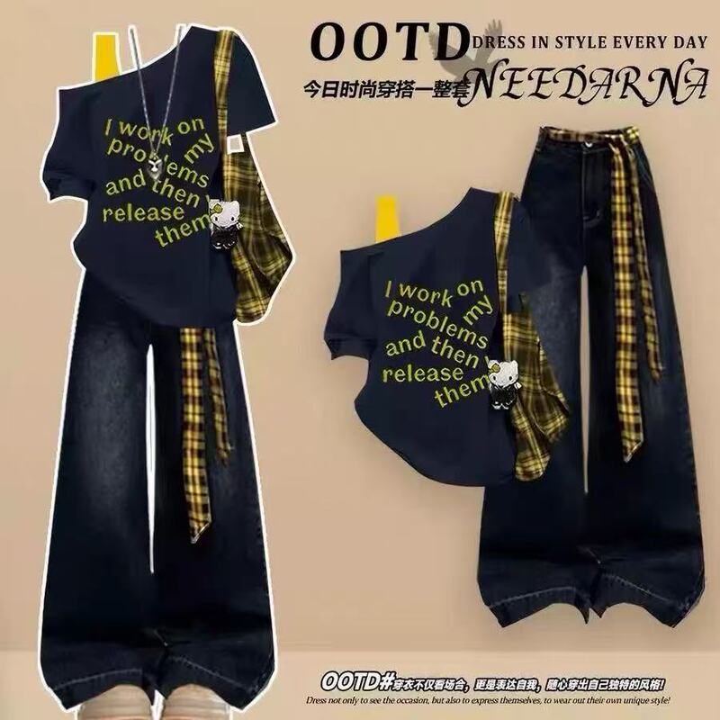 Korean Style Lazy Outfit American Sweet and Spicy Girl Fake Two-Piece Off-Shoulder Short-Sleeve Women's Tie-Up Wide-Leg Jeans Two-Piece Set Korean Style Lazy Outfit American Sweet and Spicy Girl Fake Two-Piece Off-Shoulder Short-Sleeve Women's Tie-Up Wide-Leg Jeans Two-Piece Set