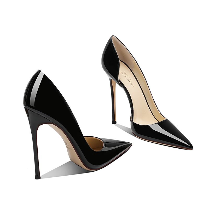 Black High-Heeled Shoes with Open Sides for Women, Stiletto Heels, 2025 Spring and Autumn New Patent Leather Pointed Toe, Elegant Socialite Professional Red-Soled Shoes