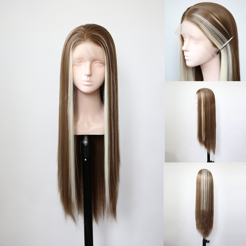 Lace Front Hand-Crocheted Wig with Golden Highlights and Dark Brown Natural Realistic Full Head Wig Long Straight Hair High-Temperature Fiber