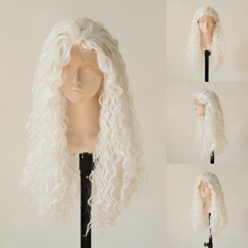 White Wool Curly Lace Front Hand-Crocheted Wig High-Temperature Fiber Roman Curls Lolita Wig Natural Realistic Angel White