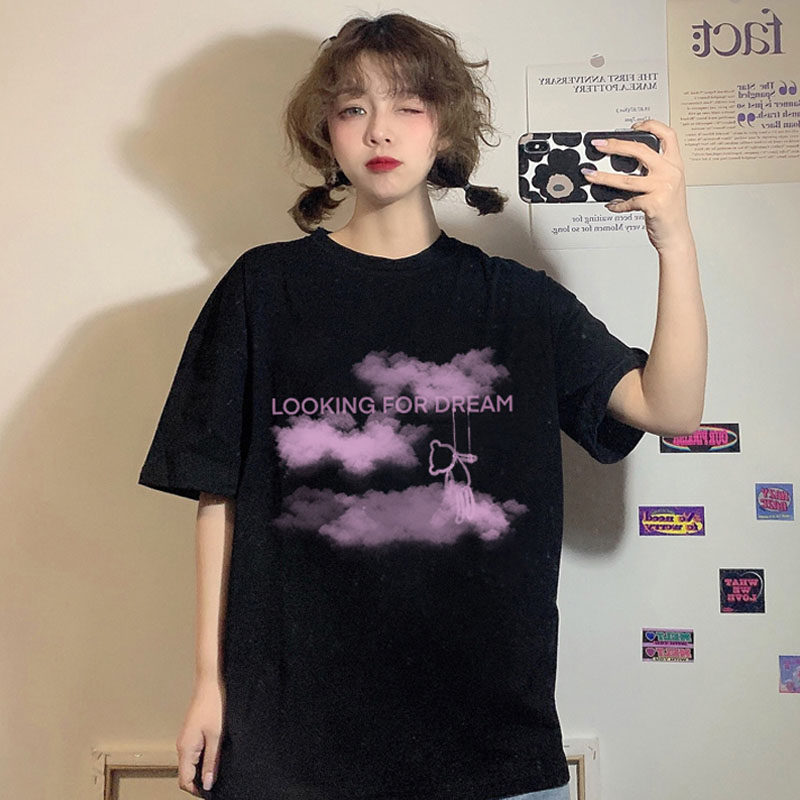 Short sleeve t-shirt woman 2021 Summer round collar loose medium long version Korean version 100 hitch short sleeve printed blouse surge