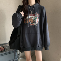 High end day family ancient with long sleeve sweatshirt female plus suede 2021 new loose Korean version with cap cartoon printed blouses