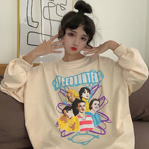 Tide Card Sweatshirt Woman Spring Autumn Thin and round neckline Lazy Loose Korean version College Wind Cartoon Printed Long Sleeve Blouse