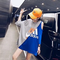 European goods big version 2021 summer mind long t-shirt womens niche half-sleeve loose Western style off-the-shoulder net red top