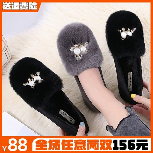 Осенние и зимние женские шапки, а также бархатные меховые туфли на толстой подошве для верхней одежды, туфли из ленивого хлопка с кроличьим мехом, женская обувь больших размеров от 41 до 43