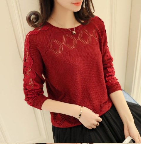 Mùa xuân mới 2018 đan áo len nữ openwork ren phiên bản Hàn Quốc của áo thun dài tay áo thun rộng quần áo nữ 