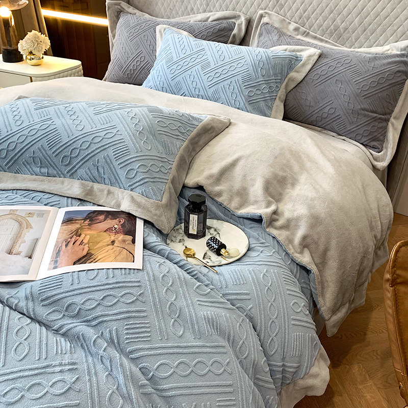 Class A thickened 3D carved milk velvet winter bed four-piece coral velvet double-sided velvet flannel bed sheet