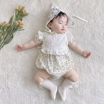 Summer clothes woman baby pure cotton small crumbed hued summer baby short sleeve triangle bag fart clothes thin web red reptile