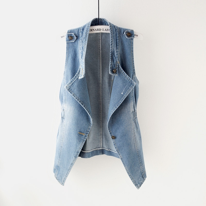 Denim chuồng phụ nữ mùa xuân và mùa thu mới cơ thể xây dựng mỏng rắn màu eo khóa eo dây đeo tay đầu triều vest