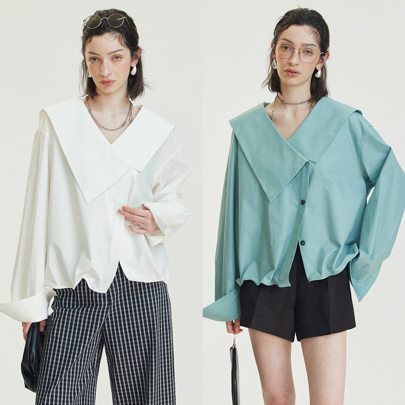 Sumrio Basic Rules/Asymmetrical Large Lapel Lyocell Cotton Fishbone Aluminum Wire Relaxed Twist Shirt Sumrio Basic Rules/Asymmetrical Large Lapel Lyocell Cotton Fishbone Aluminum Wire Relaxed Twist Shirt