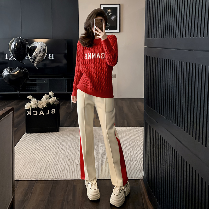 Stock Casual Sports Suit Women Autumn Winter Fashion Trends Foreign Air Brands Red Knit Sweater Straight Barrel Pants Two Sets-Taobao