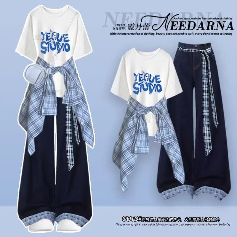 Korean-Style Shirt, T-Shirt, and Jeans Three-Piece Set for Women, Summer Loose-Fitting and Stunning Outfit for High School and Middle School Students, Complete Set