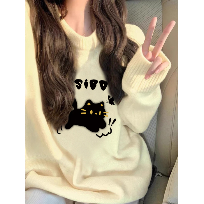 2026 Korean Style Petite Ins-Style Apricot-Colored Spring and Autumn Loose Printed Round-Neck Sweater, Lazy Student Knit Top