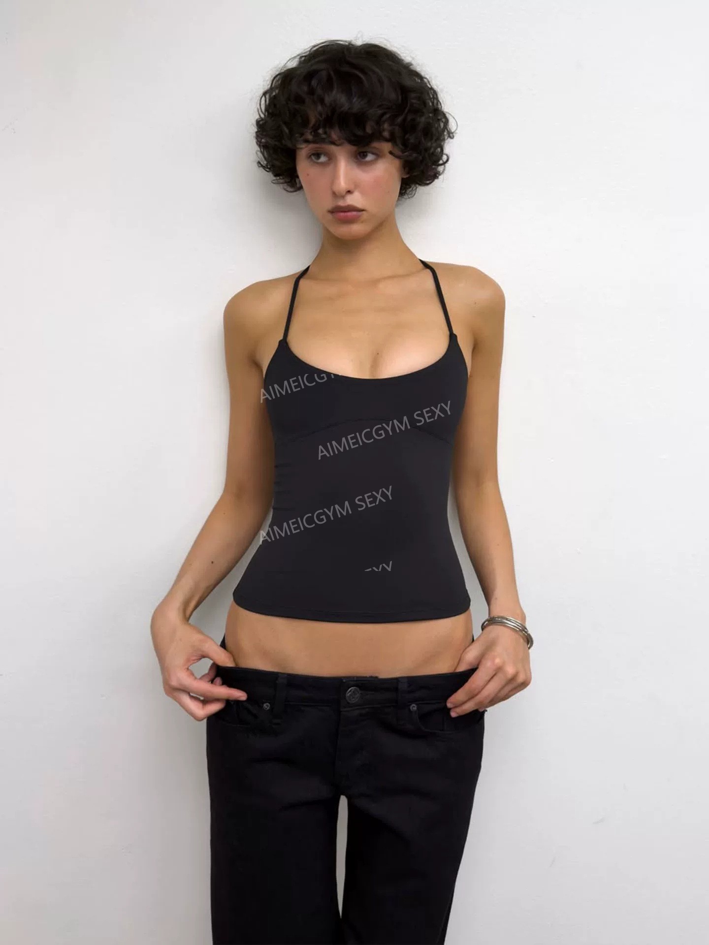 Aimeicgym Sexy European and American New Style Cross Backless Halter Neck Sports Short Tank Top for Women with Waist-Cinching Thin Straps — تصویر 1