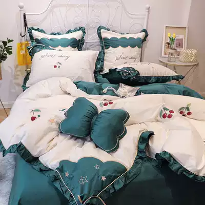 Hipster Cherry embroidery cotton four-piece 60 long-staple cotton lace quilt cover princess style cotton bedding