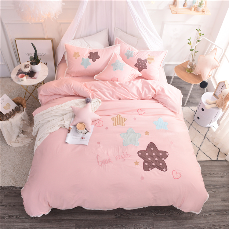 60 bông dài chủ yếu cotton thêu bốn mảnh cotton nhỏ phim hoạt hình tươi ngôi sao giường bông bên tua - Bộ đồ giường bốn mảnh bộ chăn ga gối đệm giảm giá
