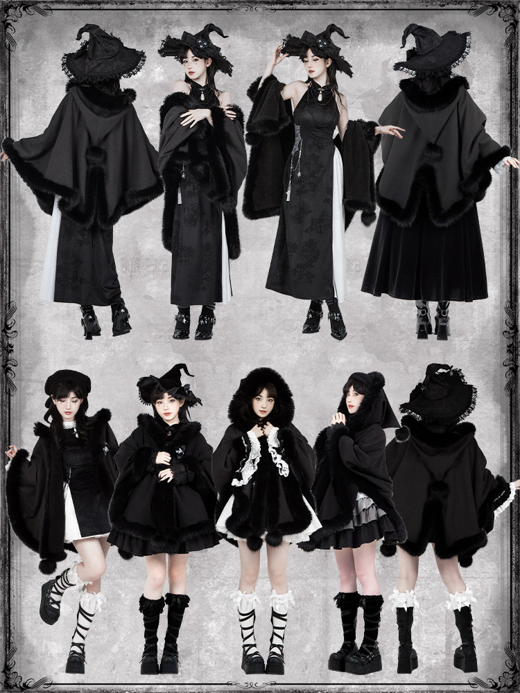【Graceful Cape Adds Color】withpuji Original Design Gothic Halloween Fleece-lined Jacket for Autumn and Winter Warmth