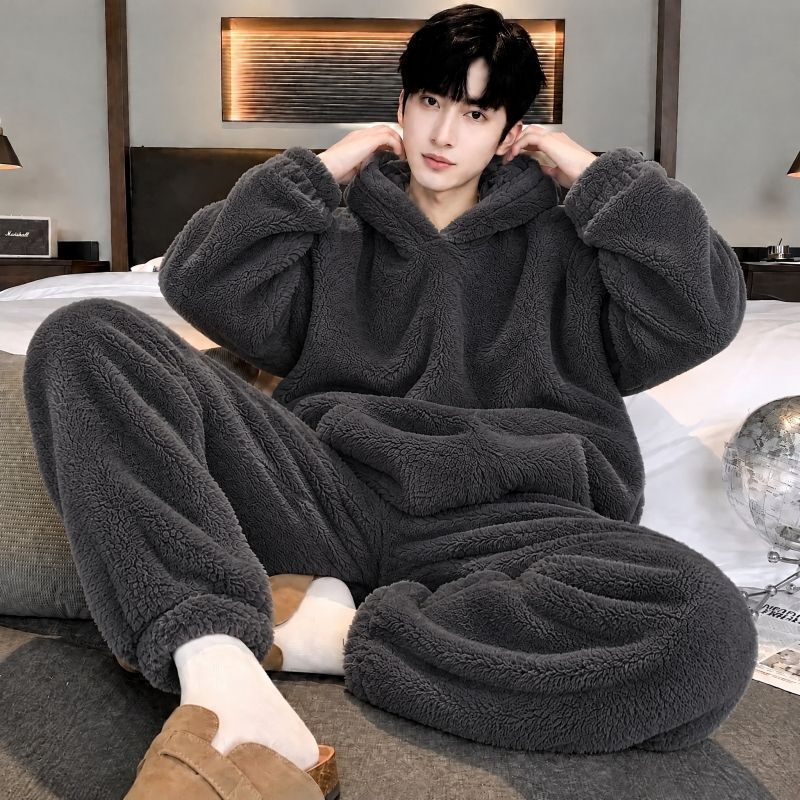 Coral Velvet Pajamas for Boys, Hooded, Autumn and Winter, Flannel and Fleece, Can Be Worn Outside, Large Size Home Clothes Coral Velvet Pajamas for Boys, Hooded, Autumn and Winter, Flannel and Fleece, Can Be Worn Outside, Large Size Home Clothes