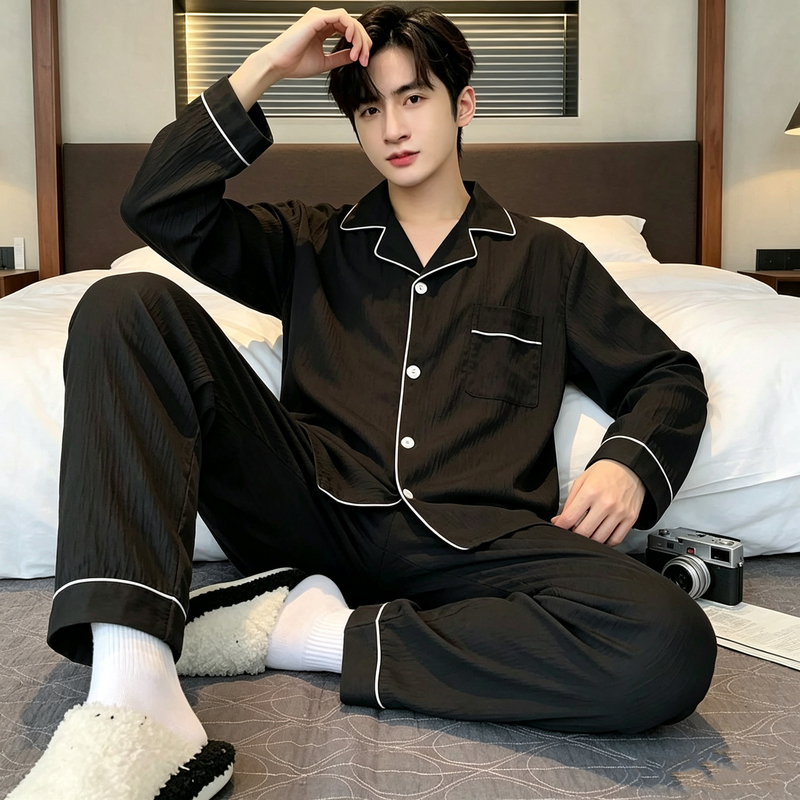 Cloud Cotton Men's Pajamas, Spring and Autumn Style, Long-Sleeved, Simple Black, High-End Feel, Can Be Worn Outside, Summer Loungewear Set
