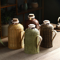 Bamboo Woven Hot Water Bottle Home Handmade Old Traditional Wood Seer Hot Water Kettle Tea Room Office Insulated Bottle Glass Liner