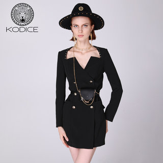 KODICE春秋新品纯色连衣裙长袖包肩收腰双排扣配腰包短款裙子