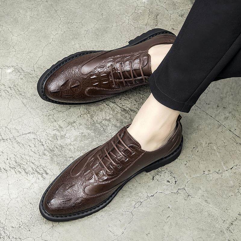 Hong Kong tide brand crocodile pattern leather shoes men's genuine leather inner high Korean version casual formal wear British business pointed men's shoes