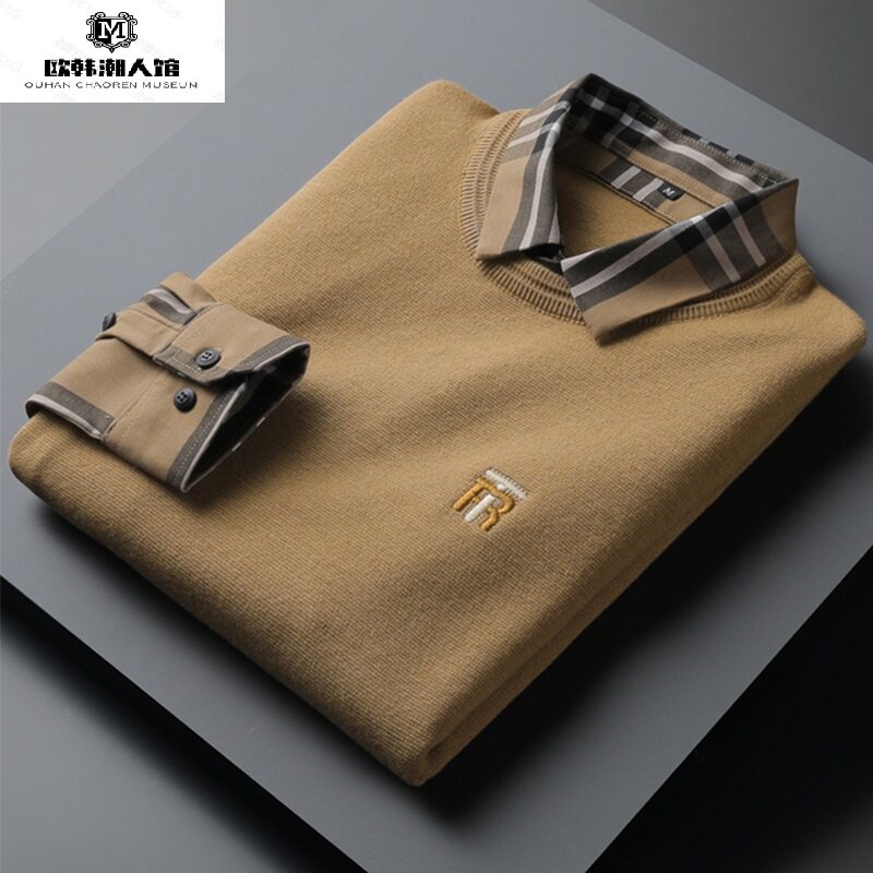 European station autumn and winter New shirt collar sweater men's fake two pieces plus velvet padded casual jersey jacket