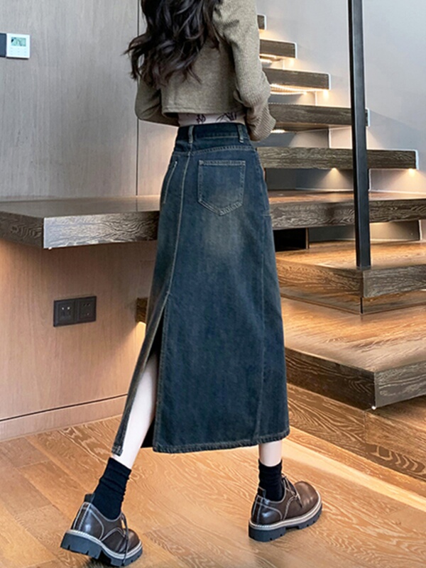 Vintage High-Waisted A-Line Denim Skirt for Women, New Summer and Autumn Style, Mid-Length, Petite, Slit Long Skirt, Bodycon Skirt