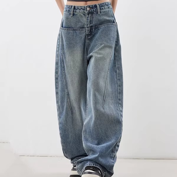 American-Style Blue Scimitar Jeans for Women 2026 Spring Loose Wide-Leg Pants with a High-Waisted Design, Plus-Size Pants New Model