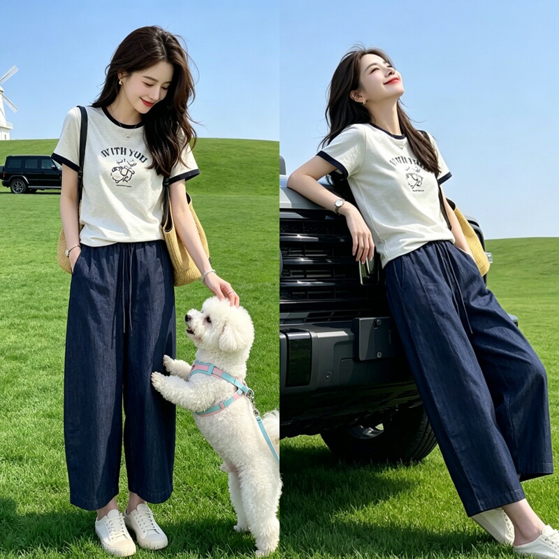Summer New Style Short-Sleeved T-Shirt Top and Wide-Leg Pants, a Complete Outfit, Simple and Fashionable, Age-Reducing Two-Piece Suit for Women