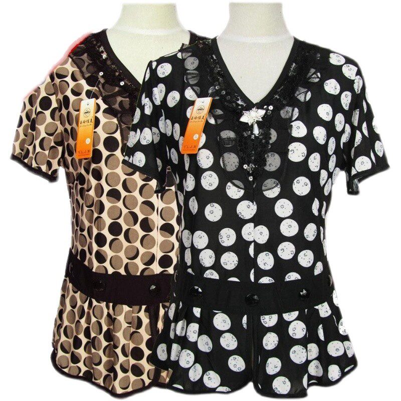 Deficit in clear cabin Mom T-shirt short sleeve wave dots mid-aged female summer T-shirt new t blood short Almond Black Blouse