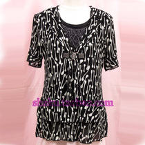 Loss to Ben Qingkura Mom fake two t-shirt short sleeve Snow spinning in black and white Broken Flowers Middle Aged Lady Body Round Collar Summer Thin