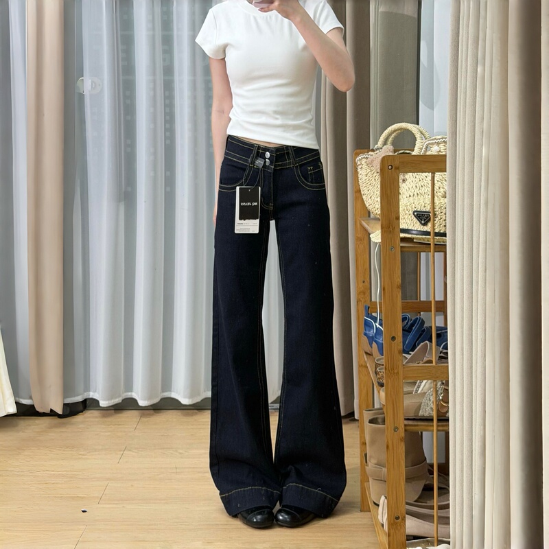 "Leg-Shaping" Low-Waist Dark Blue Flared Jeans for Women, Summer Loose Fit, Slimming, Non-Tight Wide-Leg Pants "Leg-Shaping" Low-Waist Dark Blue Flared Jeans for Women, Summer Loose Fit, Slimming, Non-Tight Wide-Leg Pants