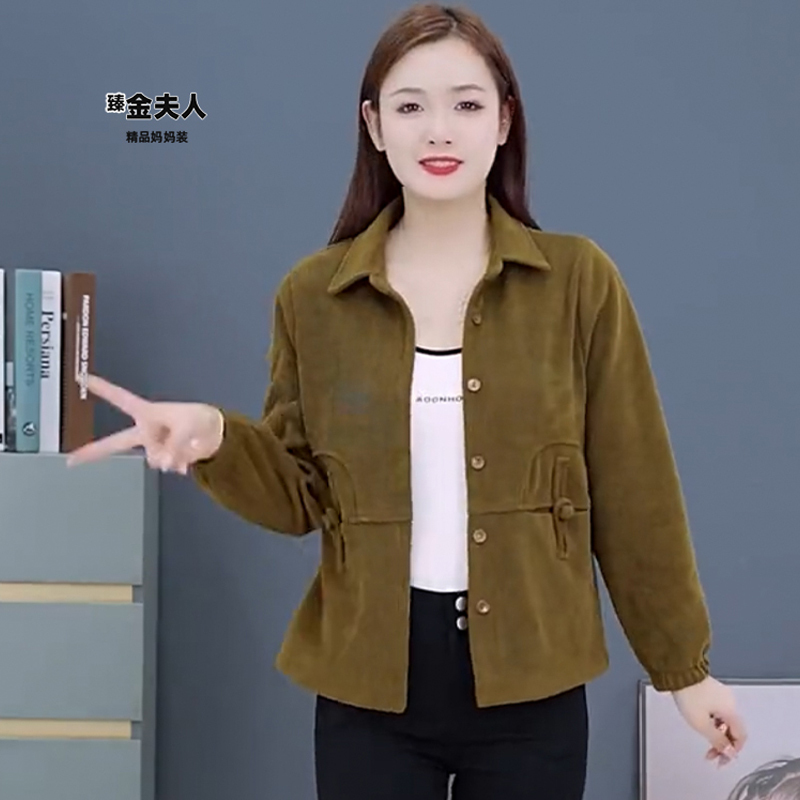 Short Corduroy Button-Up Autumn Jacket for Petite Middle-Aged and Elderly Women, 40-50 Years Old, Thick Fleece-Lined Top for Mothers in Autumn and Winter