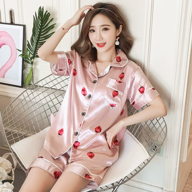 Bộ đồ ngủ nữ mùa hè ngắn tay lụa băng hai mảnh phiên bản Hàn Quốc của cô gái lụa mô phỏng ngọt ngào và dễ thương dịch vụ tại nhà - Cha mẹ và con