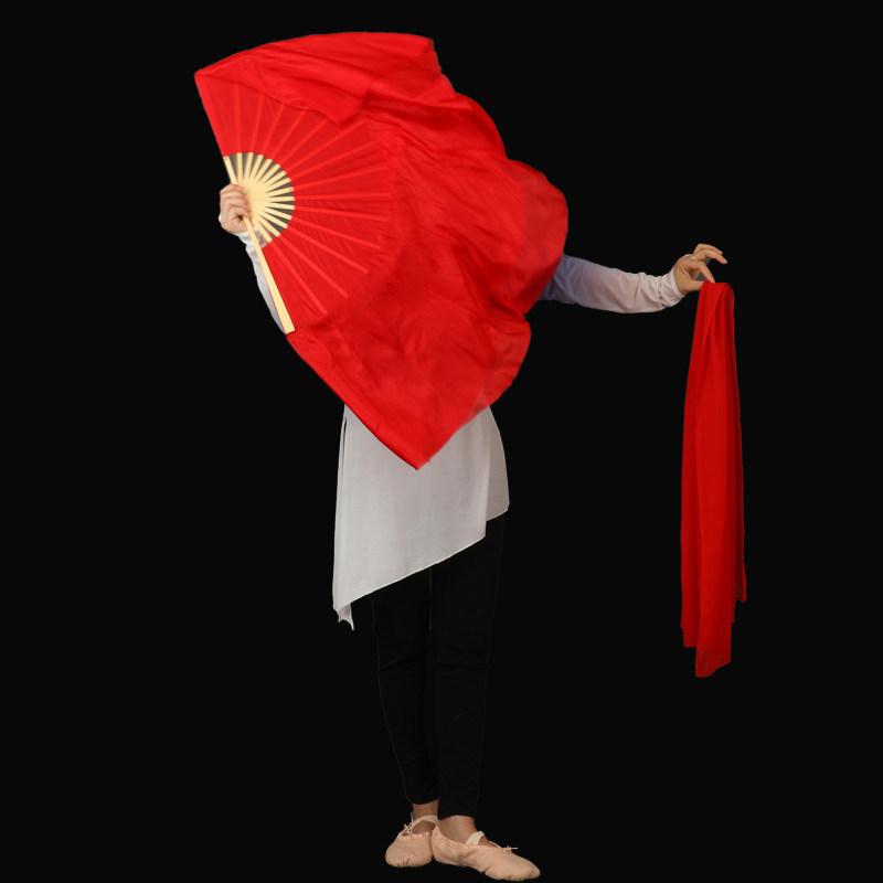 Real Silk Dance Fan Gum State Rice Song Fan Big Red Bifacial Dancing Fan Classical Dance Performance Shows Adult Square Dance