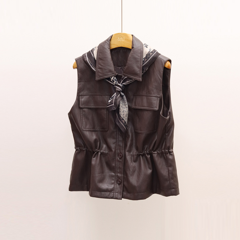 High-End Coffee-Colored Drawstring Waist Pu Leather Vest for Women, Autumn Vintage Biker Layered Sleeveless Jacket High-End Coffee-Colored Drawstring Waist Pu Leather Vest for Women, Autumn Vintage Biker Layered Sleeveless Jacket