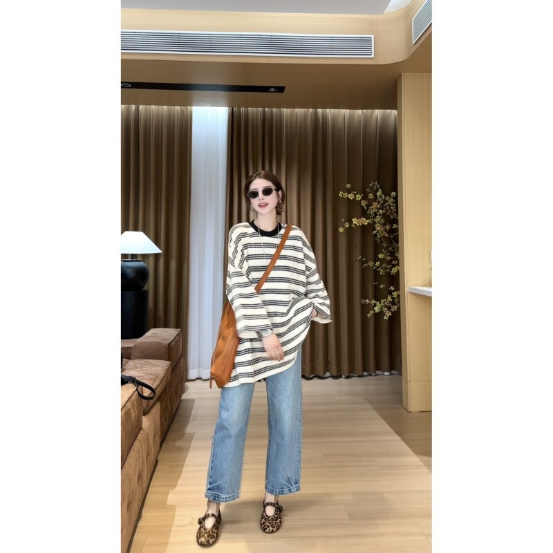 Yueyue Doesn'T Eat Fish [Colorful Art] New Year's Minimalist Color-Block Striped Knitted Long-Sleeve Loose Top C801