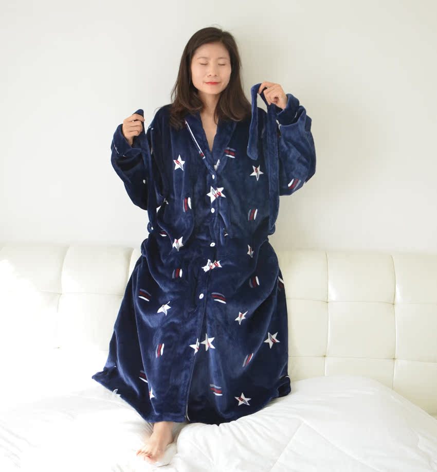 Ngôi sao năm cánh siêu dài áo choàng flannel mùa đông phụ nữ dày lông cừu san hô áo len XL áo choàng tắm 200 kg áo choàng ngủ nam