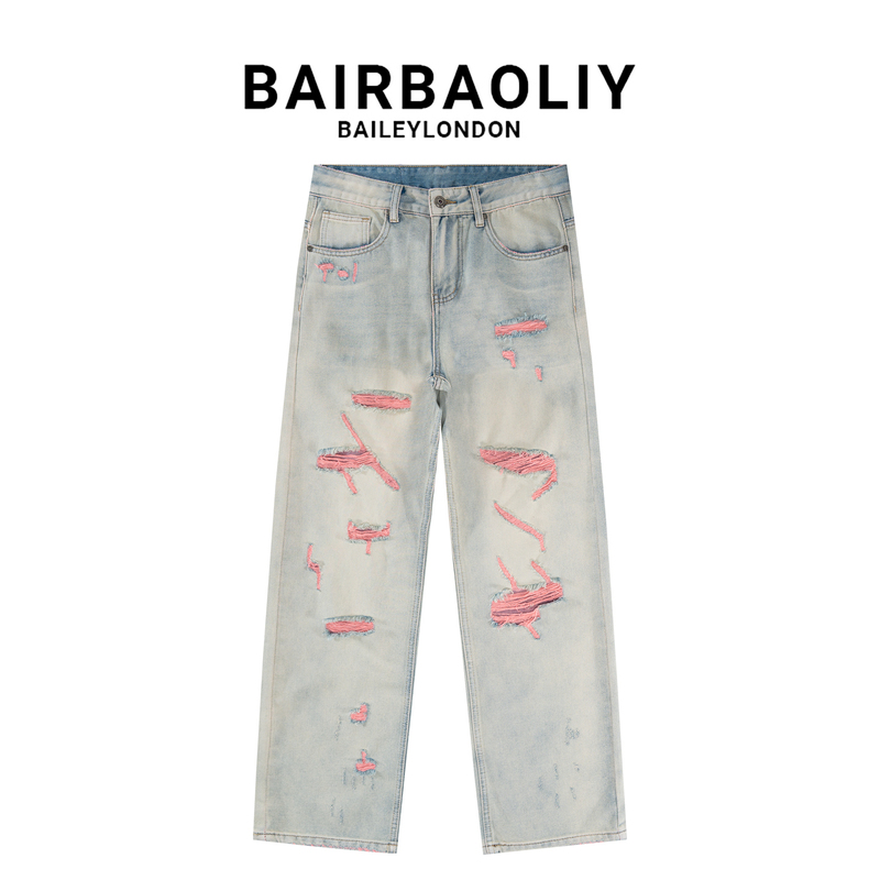 Bairbaoliy2026 Thin American Retro Pink Ripped Washed Jeans for Men, Stylish and Cool Straight-Leg Pants Bairbaoliy2026 Thin American Retro Pink Ripped Washed Jeans for Men, Stylish and Cool Straight-Leg Pants