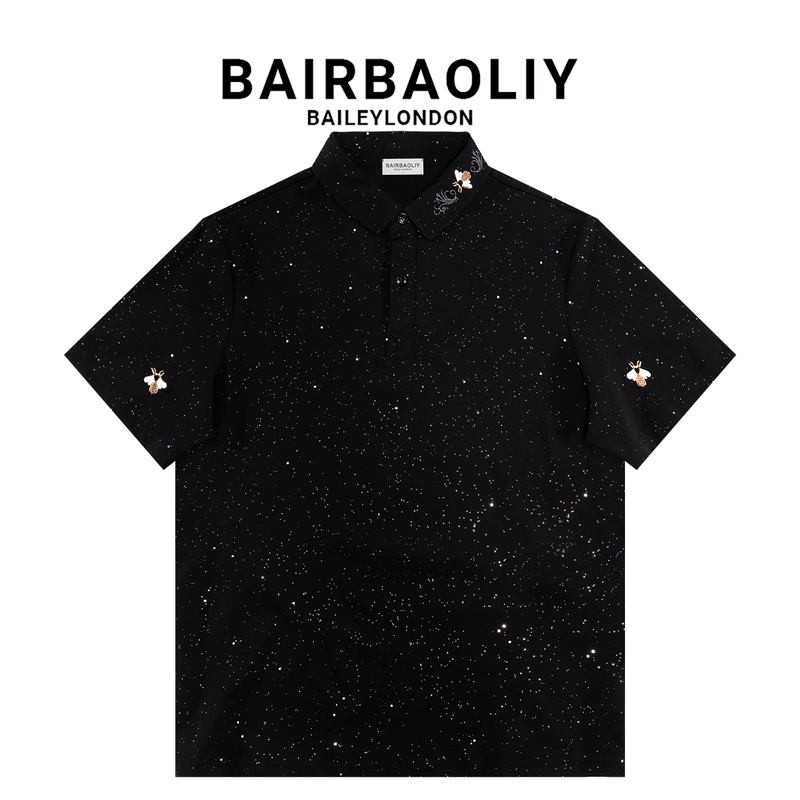 Bairbaoliy Classy High-Quality Starry Sky Bee Embroider Slim Fit Lapel Fashion Men's Short-Sleeved Polo Shirt