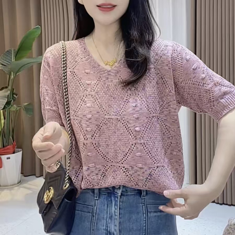 V-Neck Hollow-Out Thin Ice Silk Knitted Short-Sleeve Women's Summer New Stylish Mid-Sleeve T-Shirt Loose Pullover Top