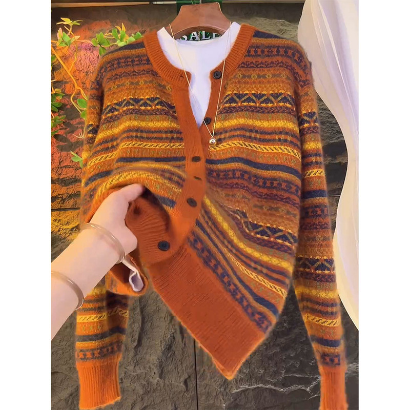 Fair Isle Orange Striped Sweater Jacket for Women, Autumn and Winter, Lazy Style, Loose, Slimming, Stylish Knitted Cardigan Top Fair Isle Orange Striped Sweater Jacket for Women, Autumn and Winter, Lazy Style, Loose, Slimming, Stylish Knitted Cardigan Top