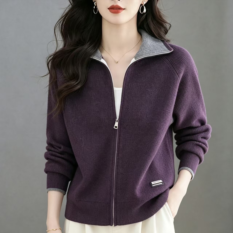 Collared Color-Block Zipper Knit Cardigan for Women, New Autumn and Winter Fashion Casual High-Quality Sweater Coat, Stylish Top