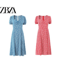 ZR European and American style foreign trade ZA women's clothing French style retro rayon slit printed V-neck short-sleeved dress