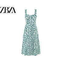 ZR European and American style foreign trade ZA women's clothing retro print slimming waist and hem sexy slit vest dress