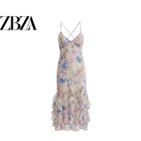 ZR European and American style foreign trade ZA women's clothing sfumato print sexy big backless ruffled waist suspender dress