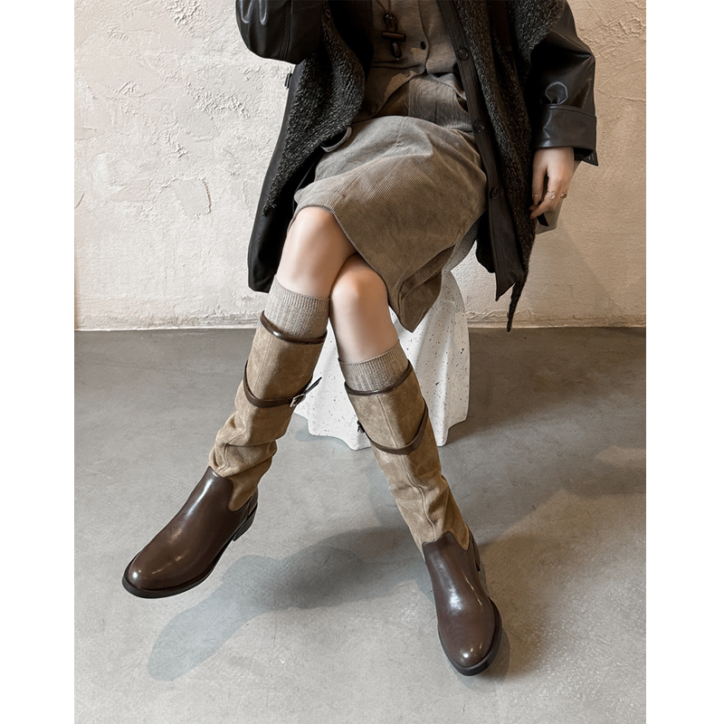 Long Boots in Genuine Leather, Vintage Style, Melard Brown Color-Blocking, Round Toe, Chunky Heel, Western Boots, High-Tube Riding Boots for Women Long Boots in Genuine Leather, Vintage Style, Melard Brown Color-Blocking, Round Toe, Chunky Heel, Western Boots, High-Tube Riding Boots for Women