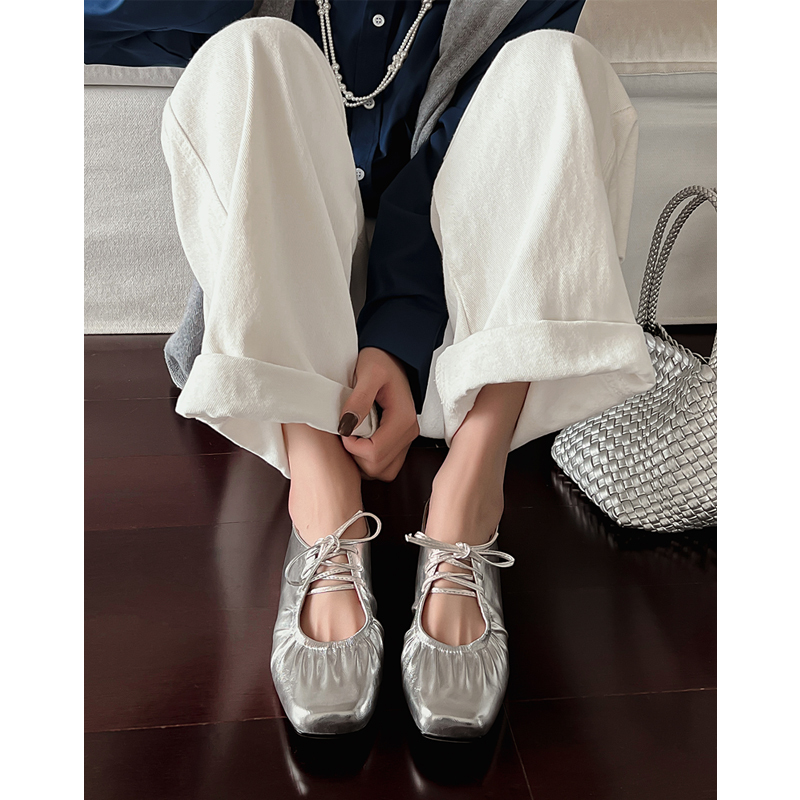 Genuine Leather French Retro Square-Toe Hidden Heel Lace-Up Hollow-Out Handmade Pleated Silver Soft Flat Shoes for Women Mary Jane Genuine Leather French Retro Square-Toe Hidden Heel Lace-Up Hollow-Out Handmade Pleated Silver Soft Flat Shoes for Women Mary Jane